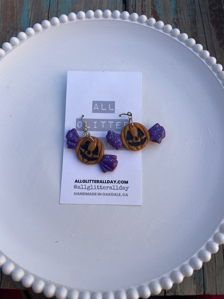 Purple and orange pumpkin candy dangle