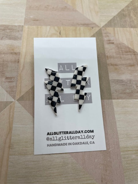 Checkerboard lightning bolt classic post earrings