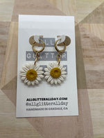 White daisy dangle huggie hoop gold or silver