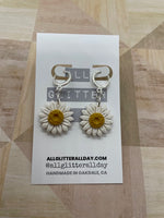 White daisy dangle huggie hoop gold or silver